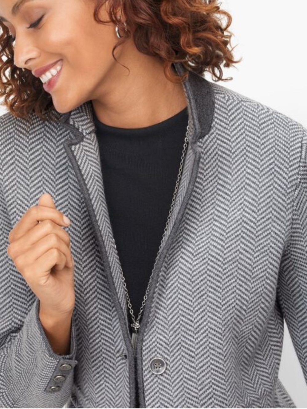 TALBOTS Women's XL Gray Herringbone Button Jacket Sweater Open Cardigan - Picture 3 of 12